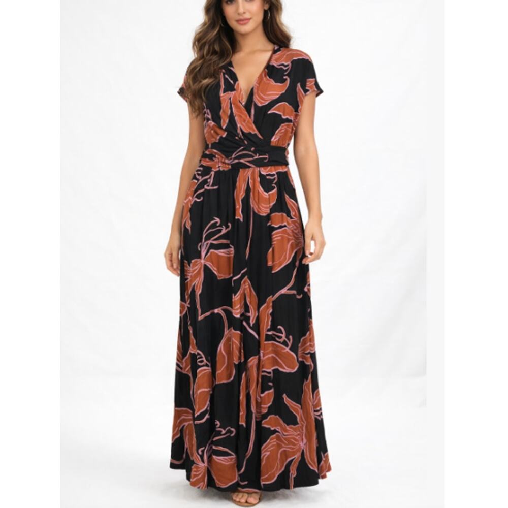 134 Soma Women's Serenity Maxi Bra Dress Size XL Stamped Tropics Black Brown NWT